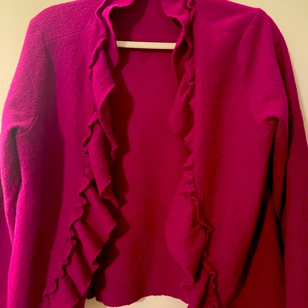 Classy magenta burnt wool that is surprisingly soft and washes great.